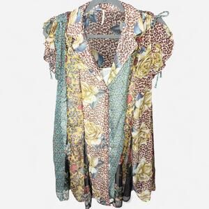 Free People Sheer Mixed Print Button Down Tunic Top Floral Leopard Mesh XS